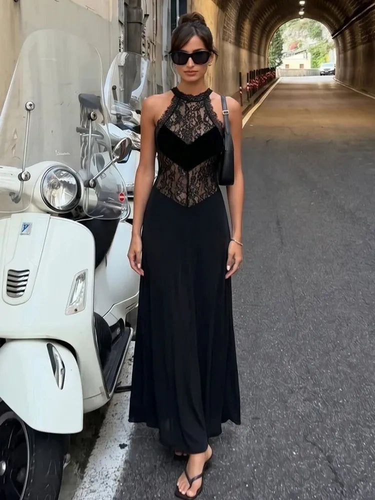 Lindsay vestido maxi de encaje transparente con halter
