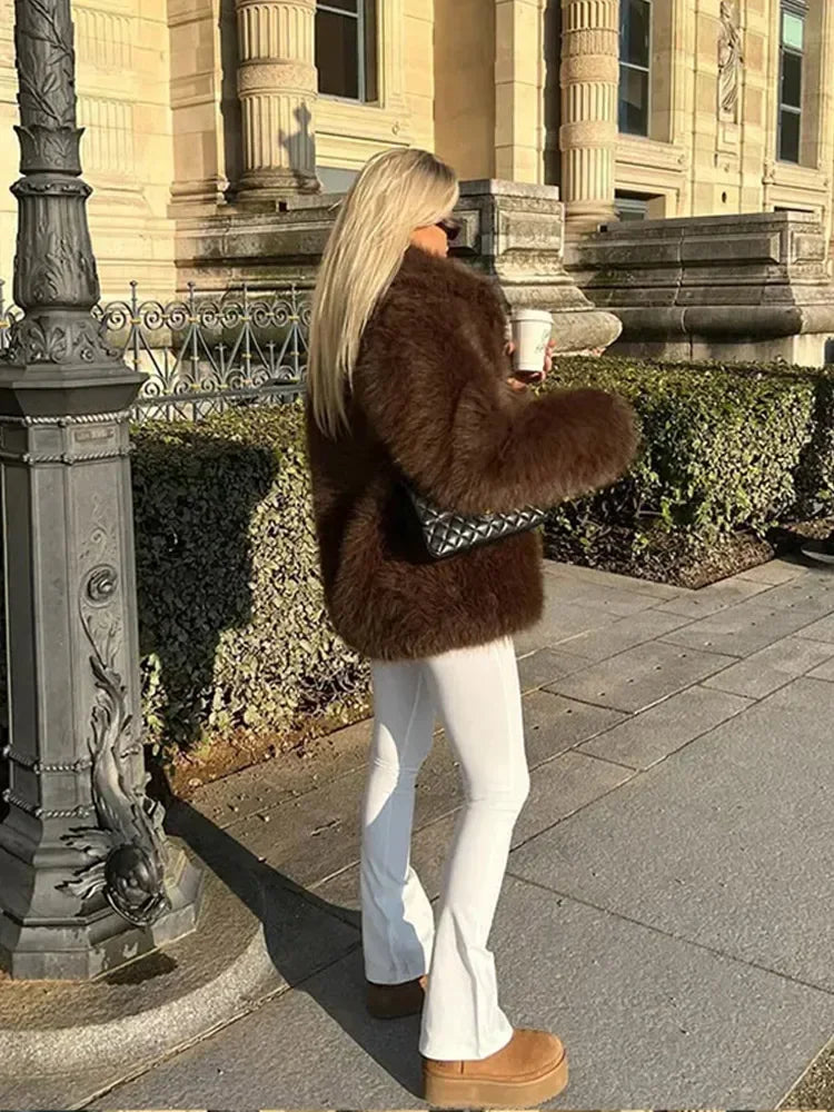 Elegant Brown Faux Fur Long Jacket - Luxurious & Versatile Style for Any Occasion 4