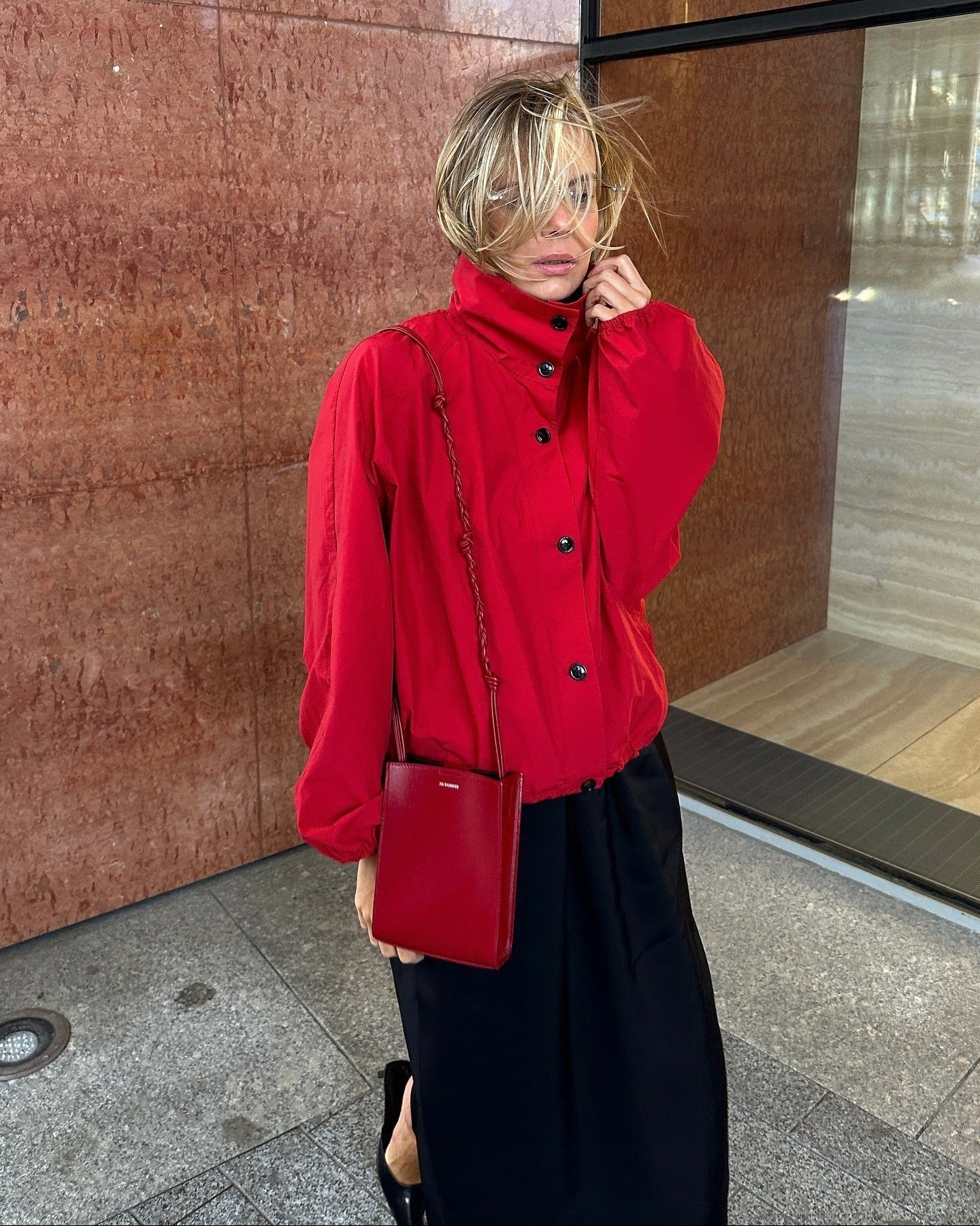 Red High-Neck Puff Bomber Jacket for Women - Stylish and Elegant Design 2