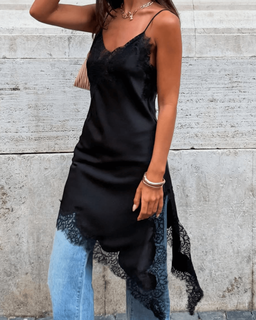 Soera Arah Asymmetric Satin Lace Midi Dress 