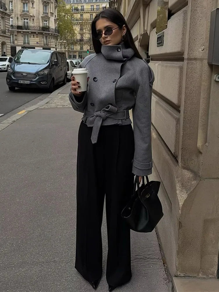 Woolen Trench Coat for Women - Stylish Double Breasted Long Sleeve Wool Womens Trench Coat with Stand Collar and Lace-Up Detail 5