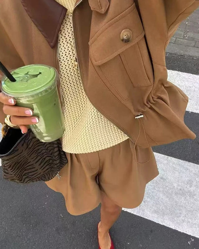 YENKYE Women's Batwing Sleeve Waist Cinched Autumn Jacket, Casual Streetwear Coat with Front Zipper & Lapel Collar 0