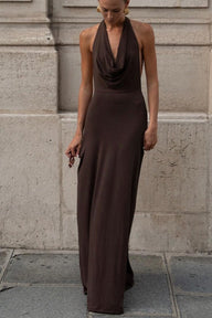 Vestido maxi Naomi halter celeste marrón sin espalda