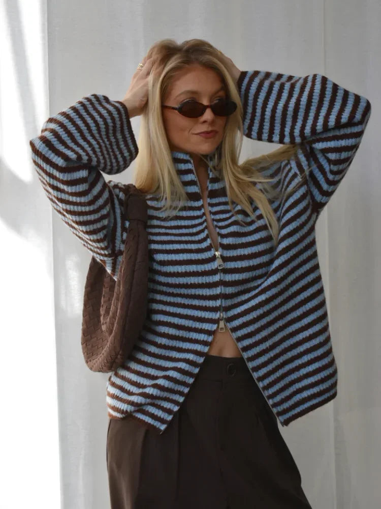 Angela Striped Mock Neck Knit Cardigan