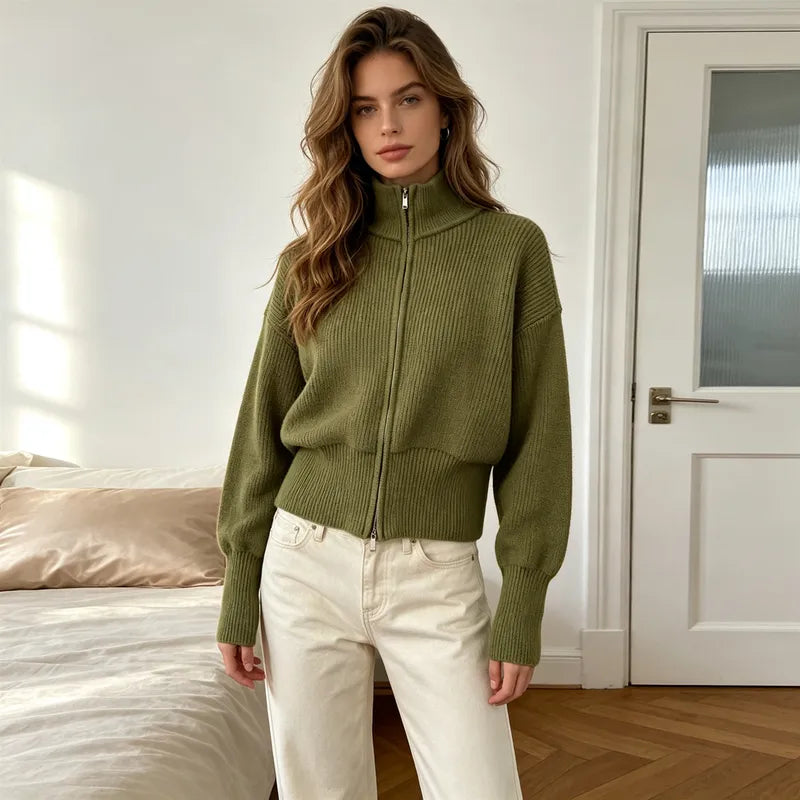 SOERA Joanna Double Zip Knitted Cardigan in Olive Green