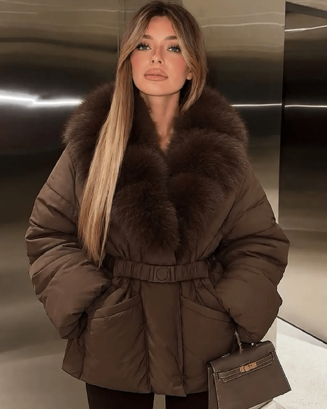 SOERA Rose Belted Faux Fur Collar Quilted Parka - Coat - SOERA-453443-BRO-S-83011 Brown S