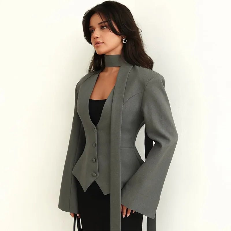 SOERA Scarlett Scarf Blazer Coat - Coats & Jackets - 1005010322628529-;oc1774012026628244912 Gray S