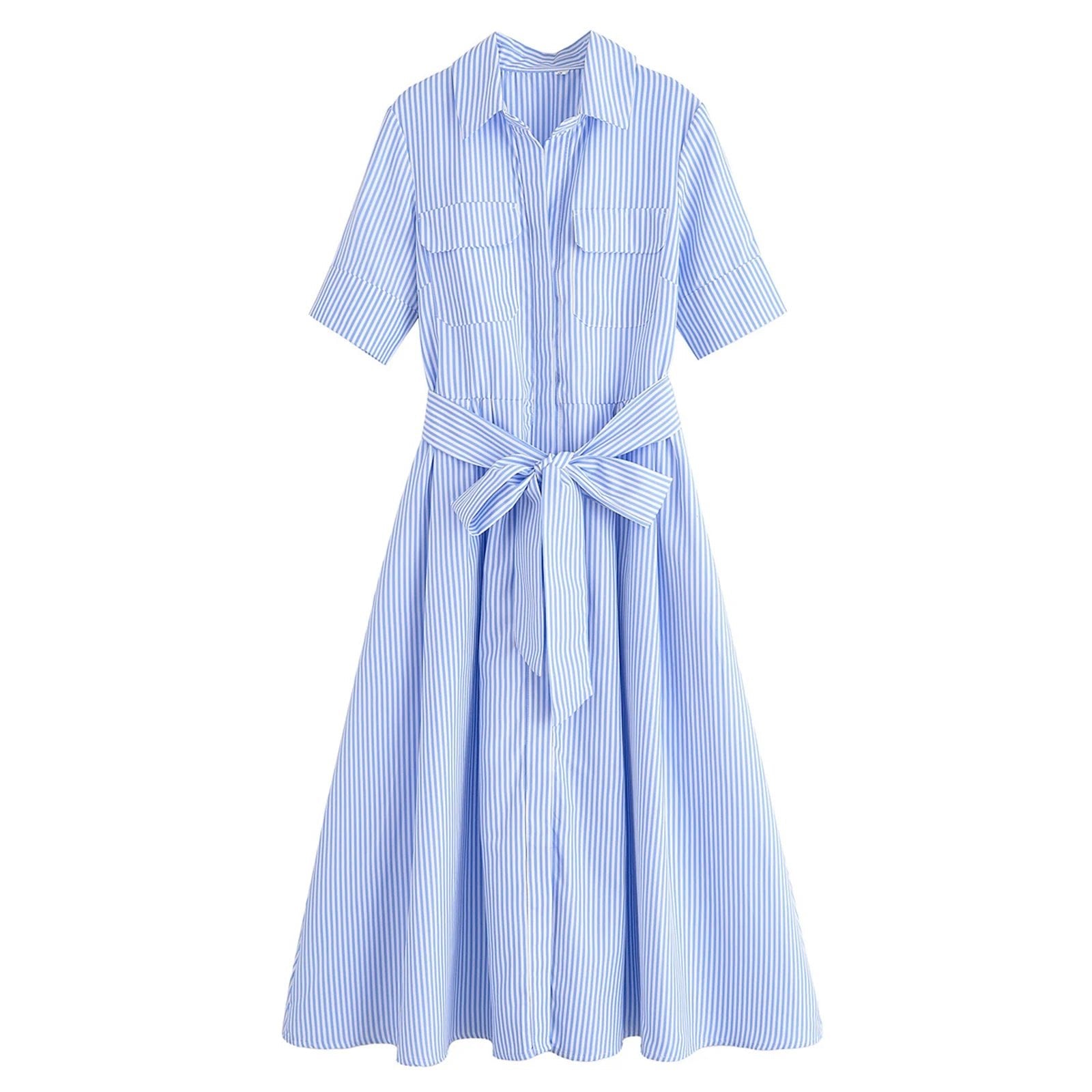 SOERA Ariane Belted Shirt Midi Dress - Dress -  Blue Stripes XS