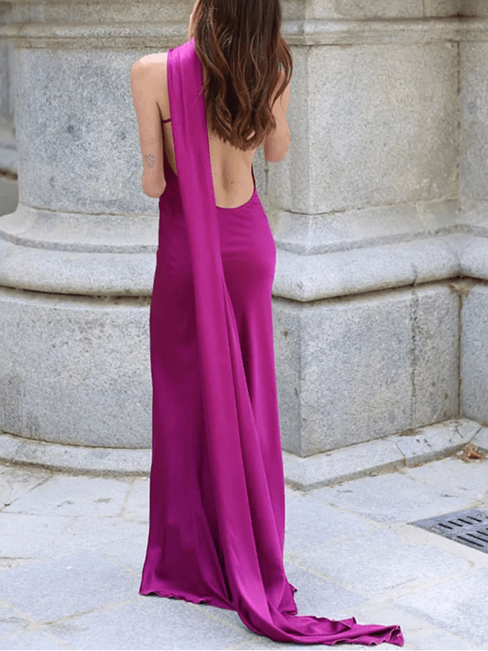 SOERA Demetra Satin Halter Backless Evening Gown - Dress -  Purple S