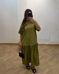 Vestido midi plisado patchwork Celeste
