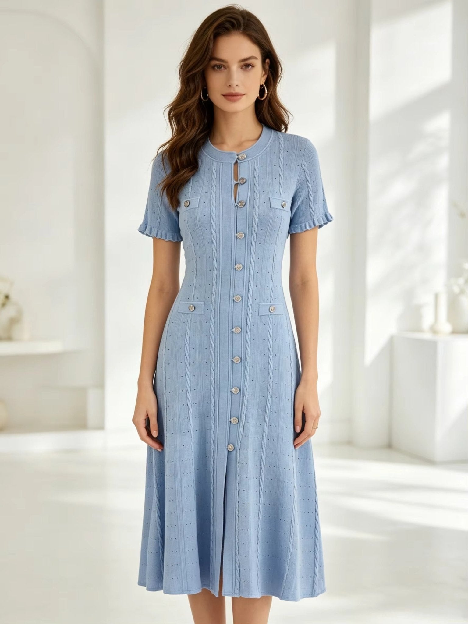 SOERA Erlinda Button - Front Knit Midi Dress - Dress -  Blue XS