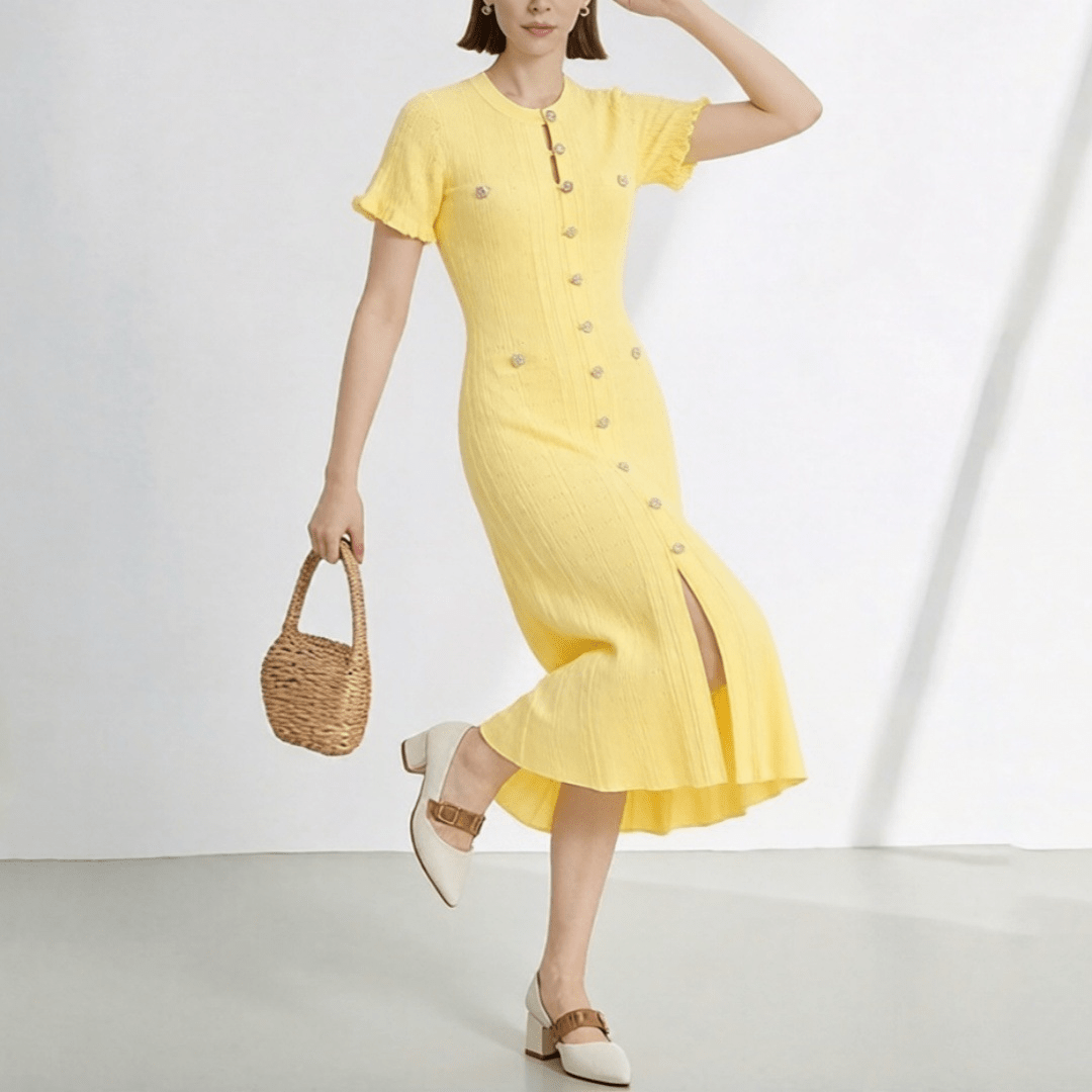SOERA Hannelore French V - Neck Knitted Slit Dress - Dress -  Yellow XS