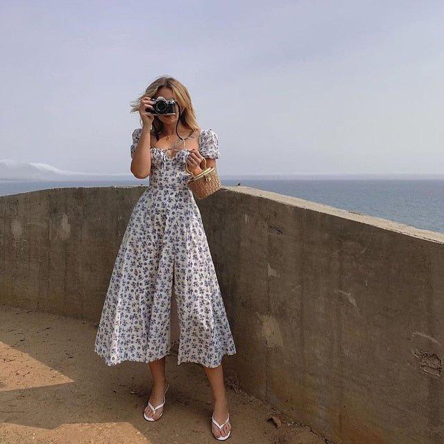 SOERA Iris Puff Sleeve Floral Midi Dress - Dress - SOERA-763651-BLU-S-02147 Blue S