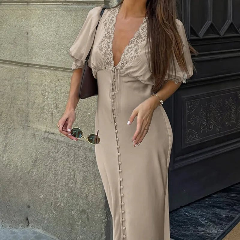 SOERA Micaela Puff Sleeve Lace-Up Maxi Dress - Dress - SOERA-307139-KHA-L-67363 Taupe L