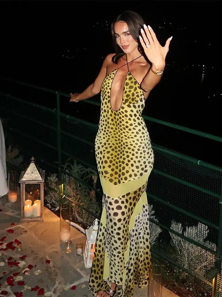 SOERA Sophia Leopard Print Halter Maxi Dress - Dress - SOERA-017603-YEL-XS-30563 XS