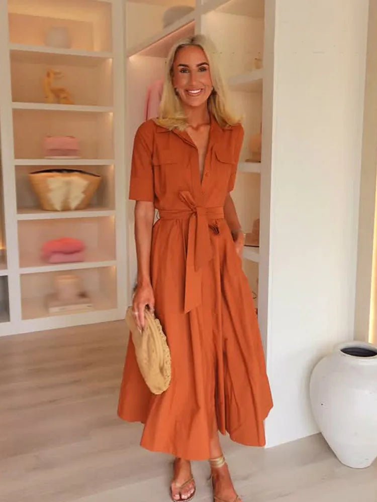 SOERA Stacie Bow Tie - Waist Shirt Dress - Dress -  Orange XS