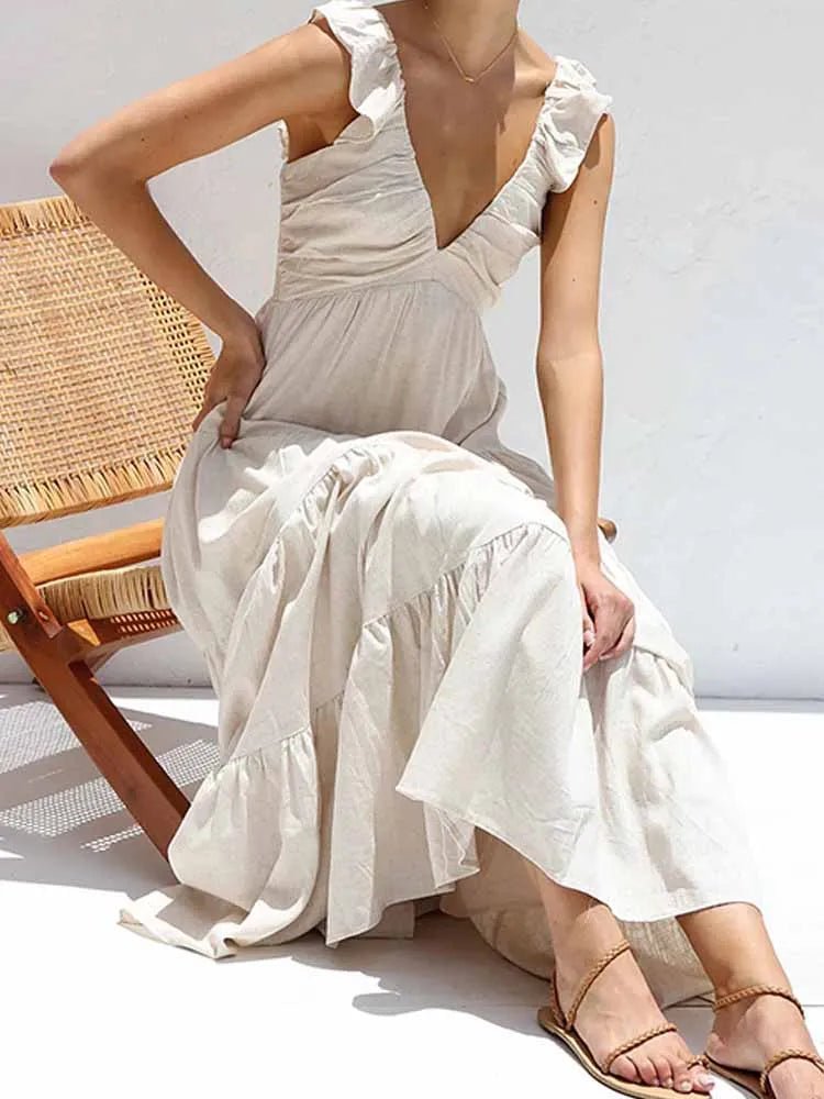 SOERA Tahlia Ruffle Cotton Linen Maxi Dress - Dress -  Beige M