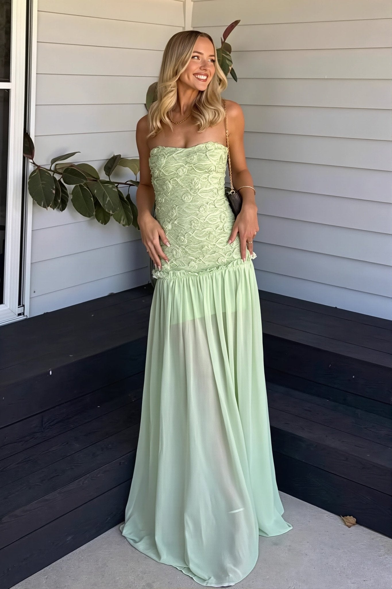SOERA Victoria Strapless Floral Lace Maxi Dress - Dress -  Sage Green XS