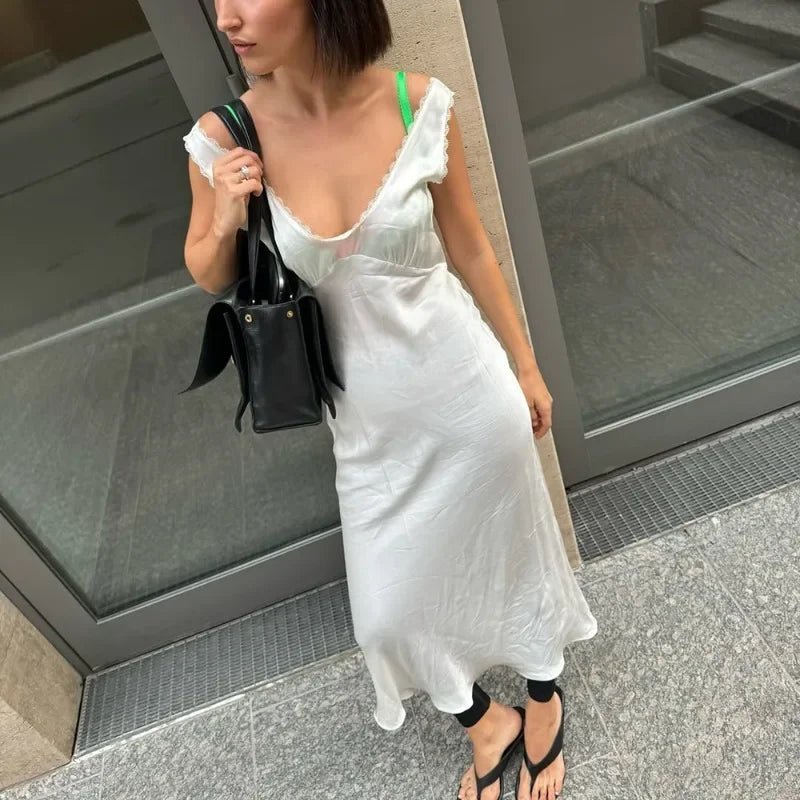 SOERA Bellina Plunged Neck Satin Midi Dress - Dresses - 1005009676445513-;Md1775377923652422896 S