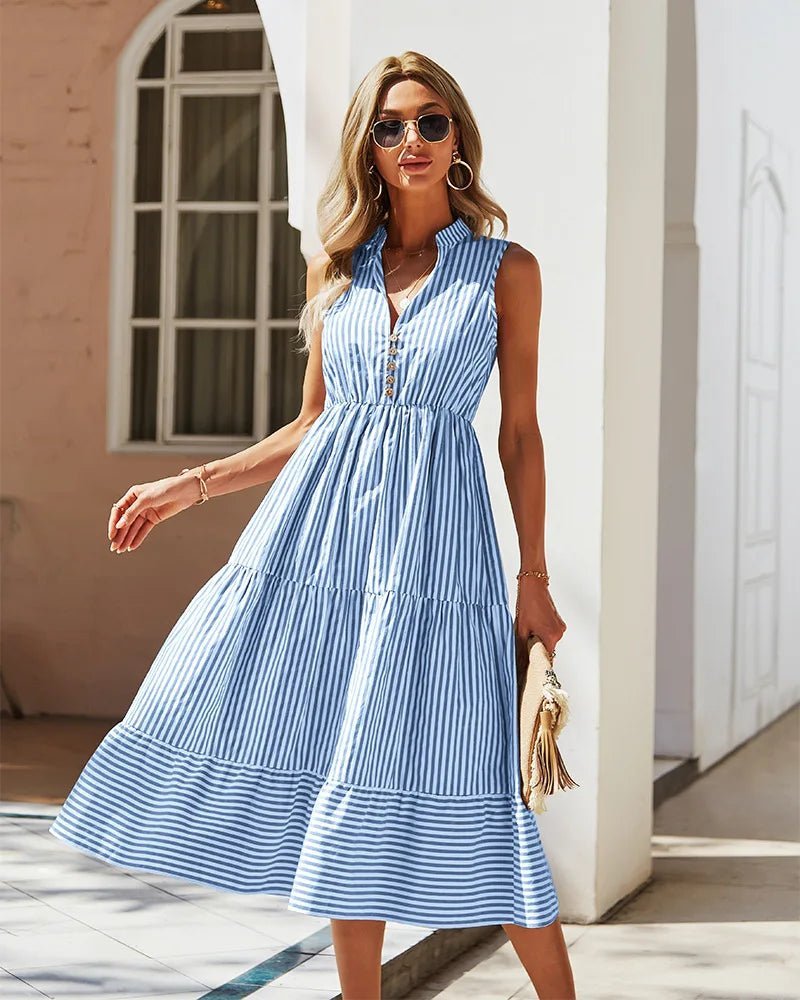 SOERA Bianca Striped V-Neck Sleeveless Shirt Dress - Dresses -  Blue S