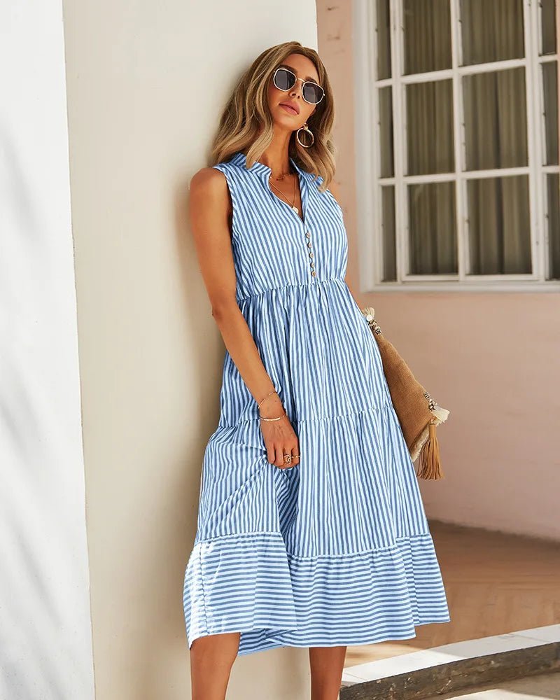 SOERA Bianca Striped V-Neck Sleeveless Shirt Dress - Dresses -  Blue S