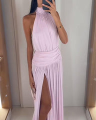 Vestido comprido Brielle sem mangas com racha lateral