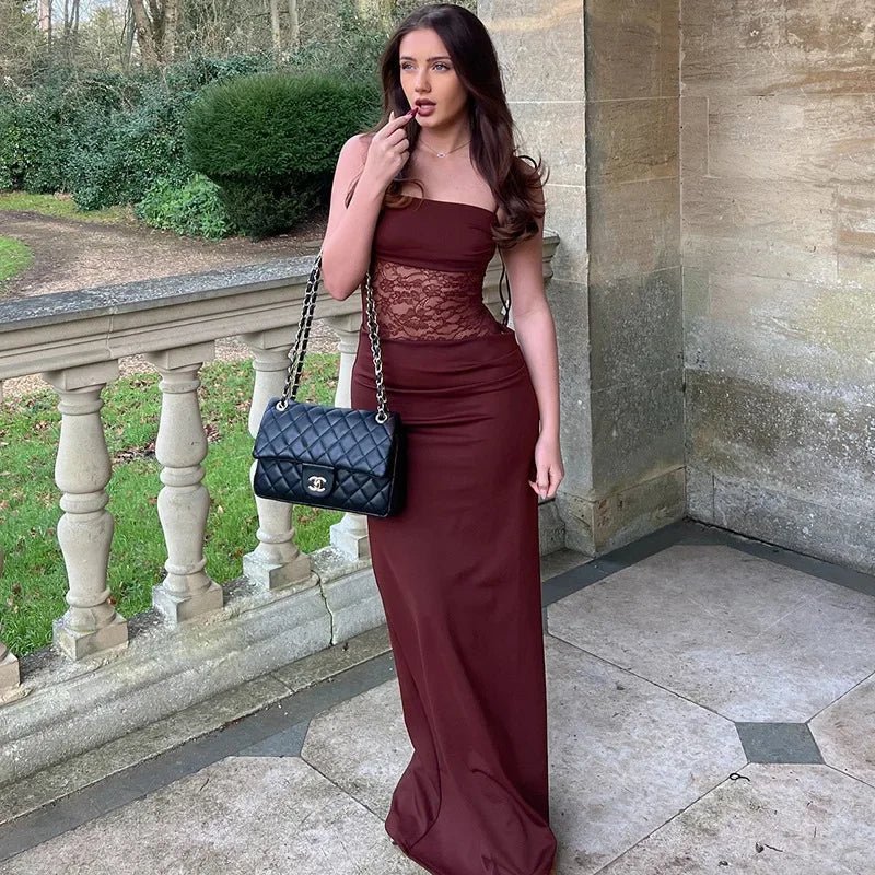 SOERA Georgette Lace Mesh Waist Maxi Dress - Dresses -  Burgundy XS