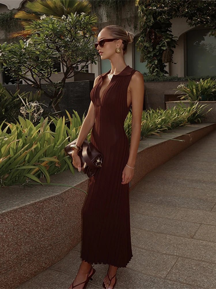 SOERA Lise Sleeveless Knitted Pleated Maxi Dress - Dresses -  Brown XS