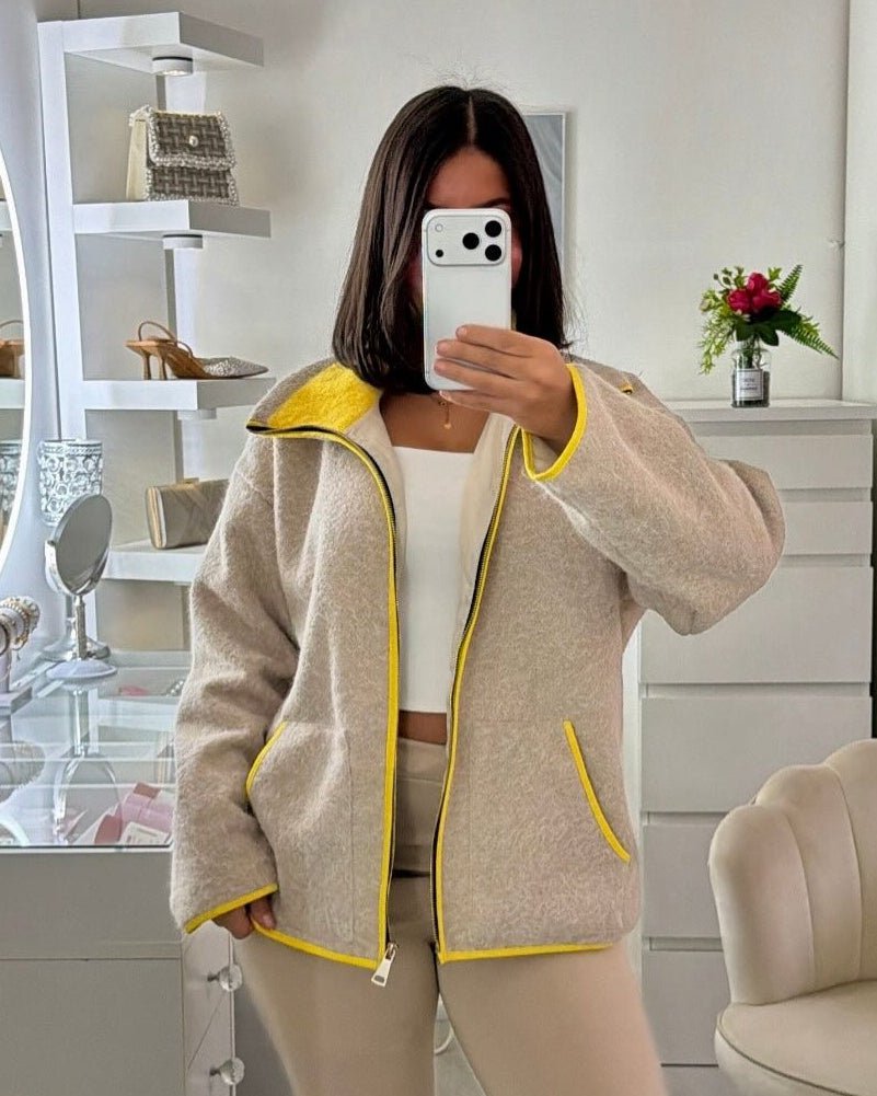 SOERA Miriam Stand Collar Contrast Knit Pilot Jacket - Jacket - SOERA-197059-BEI-M-09571 Gray M