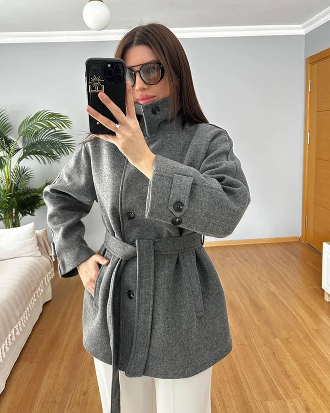 SOERA Felly Faux Wool Coat with Belt - Jackets - 3256809964317372-;zu1763625122225415948 Gray XS