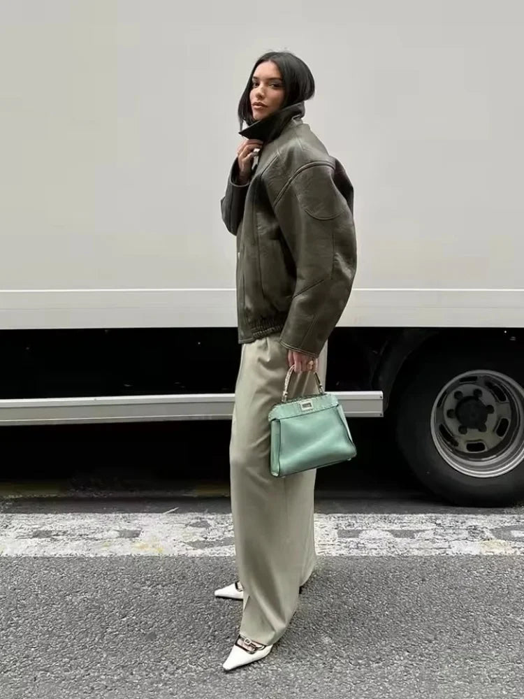 SOERA Gina Faux Leather Bomber Jacket - Jackets - kn1774532669739495476 Khaki S