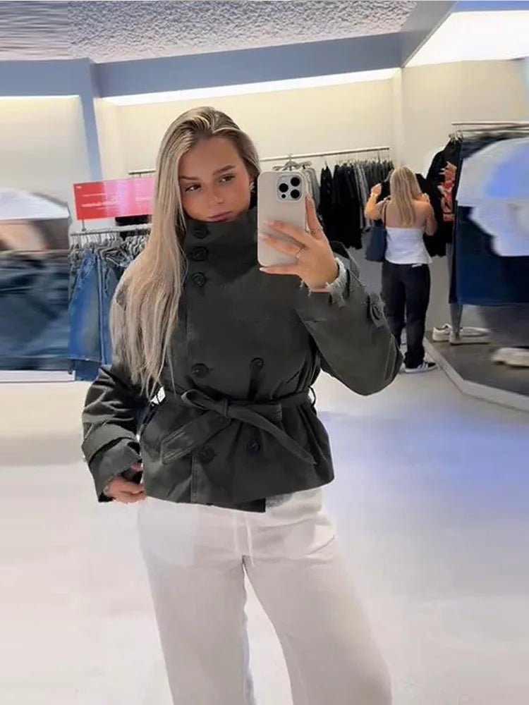 SOERA Kara Stand Collar Belted Crop Trenchcoat - Jackets - 1005009693239722-;SM1771494648620968832 Tan XS