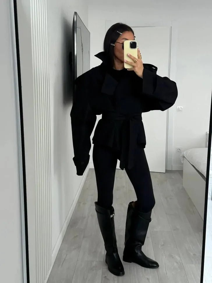 SOERA Sandy Lace Up Short Trench Coat - Jackets - 1005010782864095-;rk1773321573223317098 Black XS