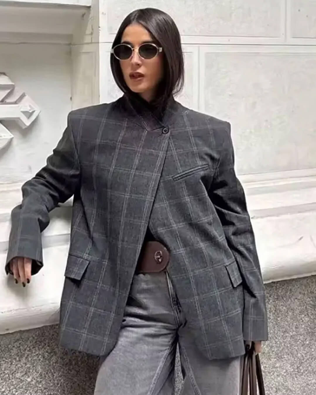 SOERA Sofia Plaid Stand Collar Blazer - Jackets -  Grey M