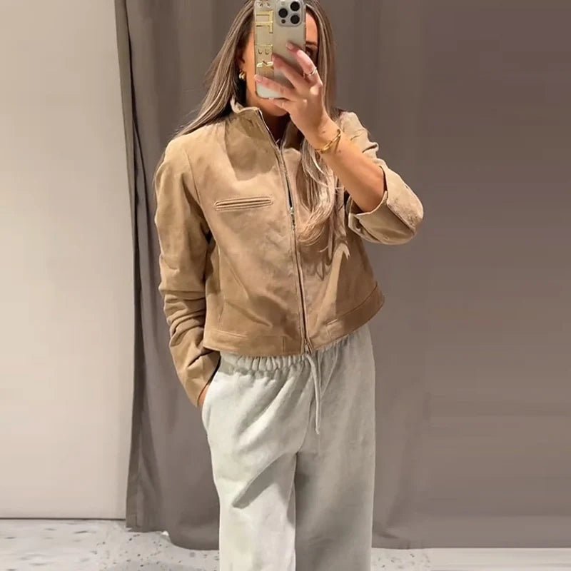 SOERA Yza Suede Cropped Bomber Jacket - Jackets - Vd1774004001185509345 Beige S