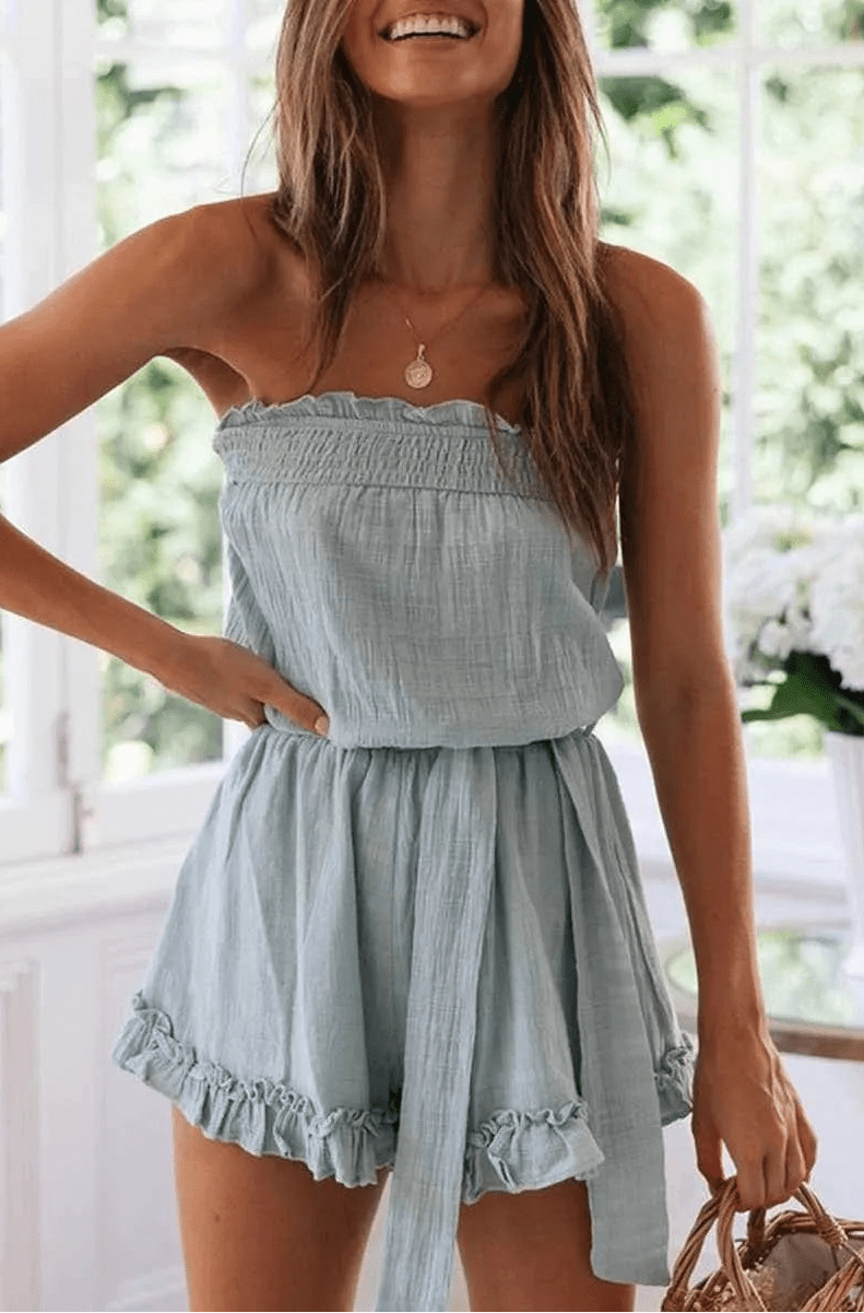 SOERA Beatrice Belted Tube Top Jumpsuit - Jumpsuit -  Light Blue XS