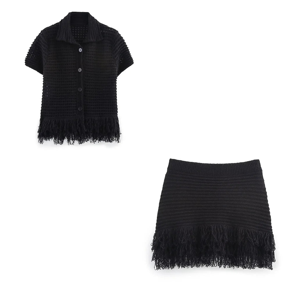 SOERA Beatrice Knitted Tassel Skirt Set - Matching Sets -  Black Set