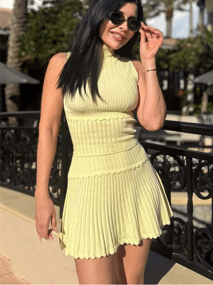 SOERA Bianca Two-Piece Knitted Crop Top & Pleated Mini Skirt Set - Matching Sets -  Yellow XS