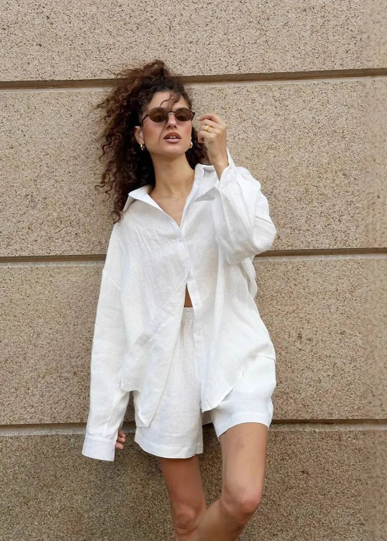 SOERA Camille White Linen Shirt and Shorts Set - Matching Sets -  White Set M