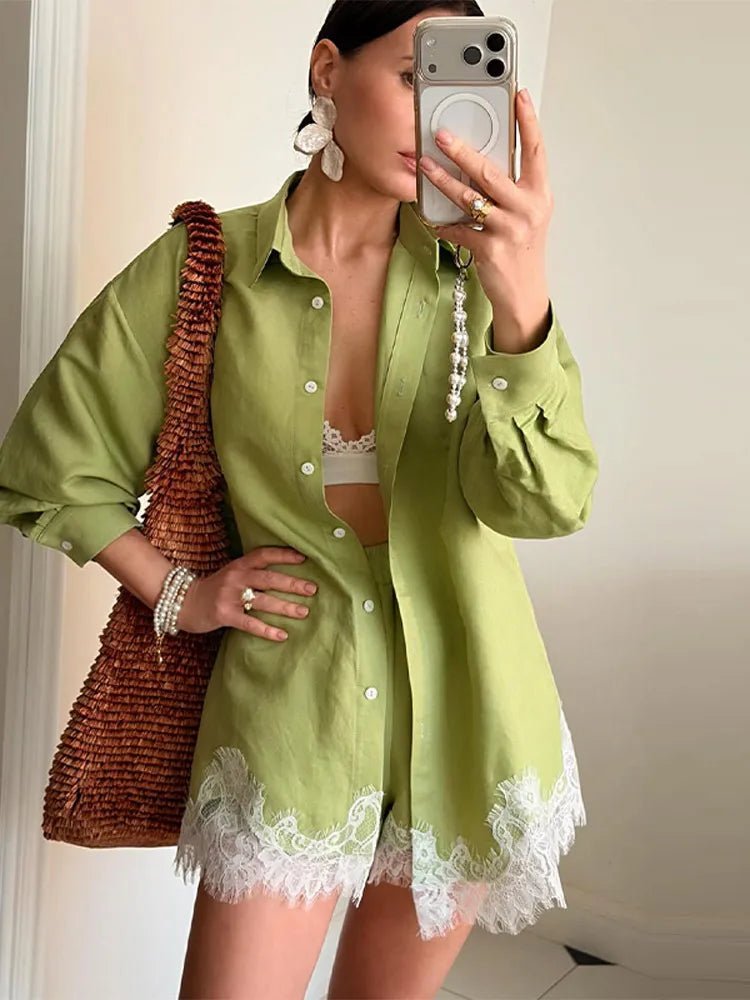 SOERA Celeste Lace Patchwork Beach Shirt Set - Matching Sets -  Green S