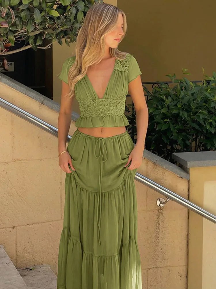 SOERA Morrigan Lace Chiffon Top & Skirt Set - Matching Sets -  Green XS