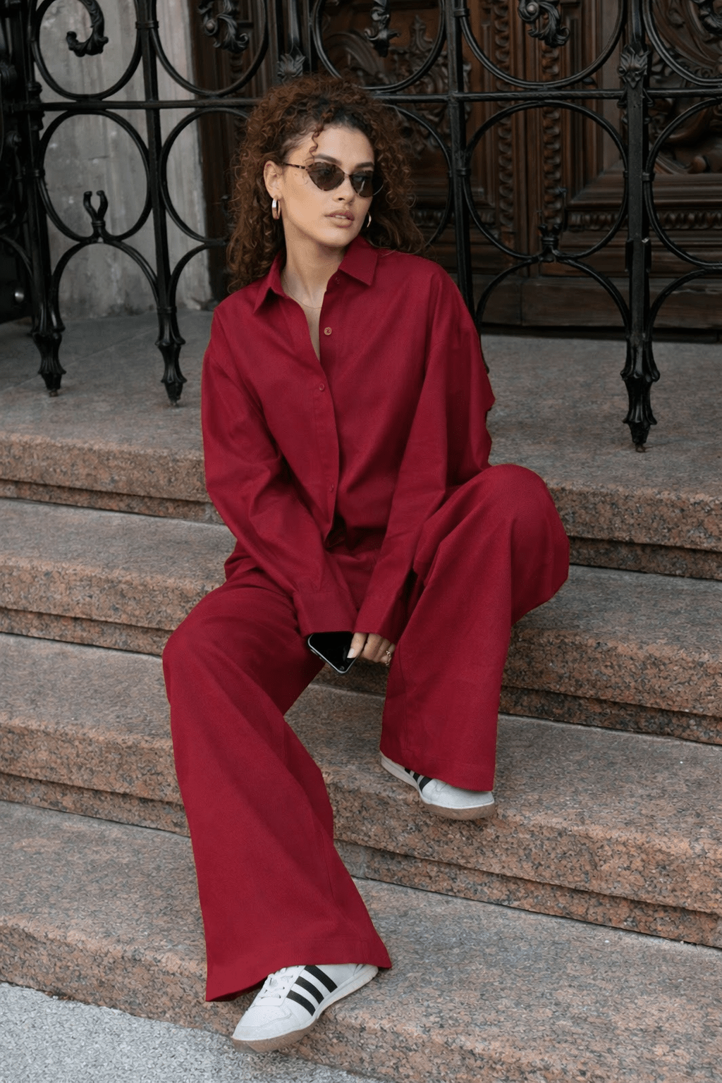 SOERA Bianca Relaxed Cotton Shirt & Wide-Leg Pants Set - Set -  Red L
