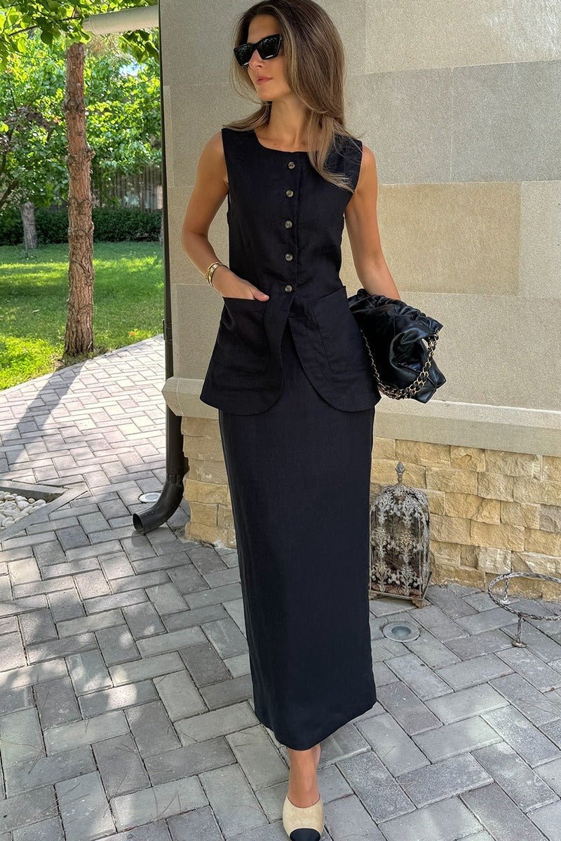 Conjunto de Colete em Linho Lorelei e Saia de Cintura Alta