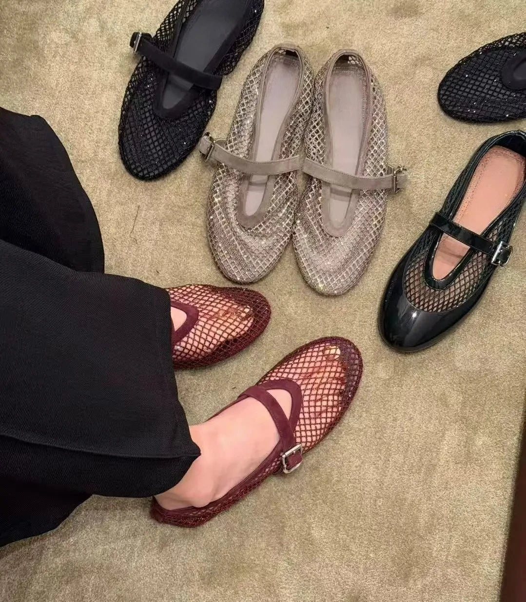 SOERA Jessica Rhinestone Mesh Ballet Flats - Shoes -  Burgundy 35