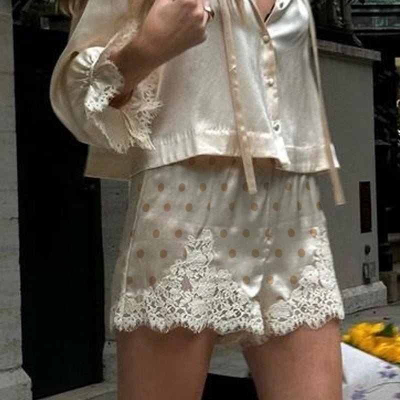 SOERA Margot Lace Trim Polka Dot Satin Shorts - Shorts -  Beige S