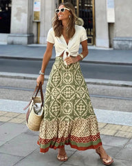 Rhea boho saia midi rodada com padrão
