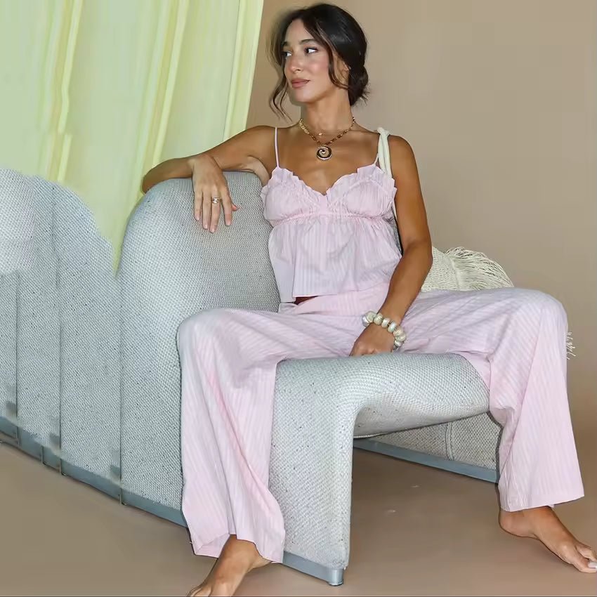 SOERA Peyton Ruffled Pajama Set - Sleepwear -  Pink XS