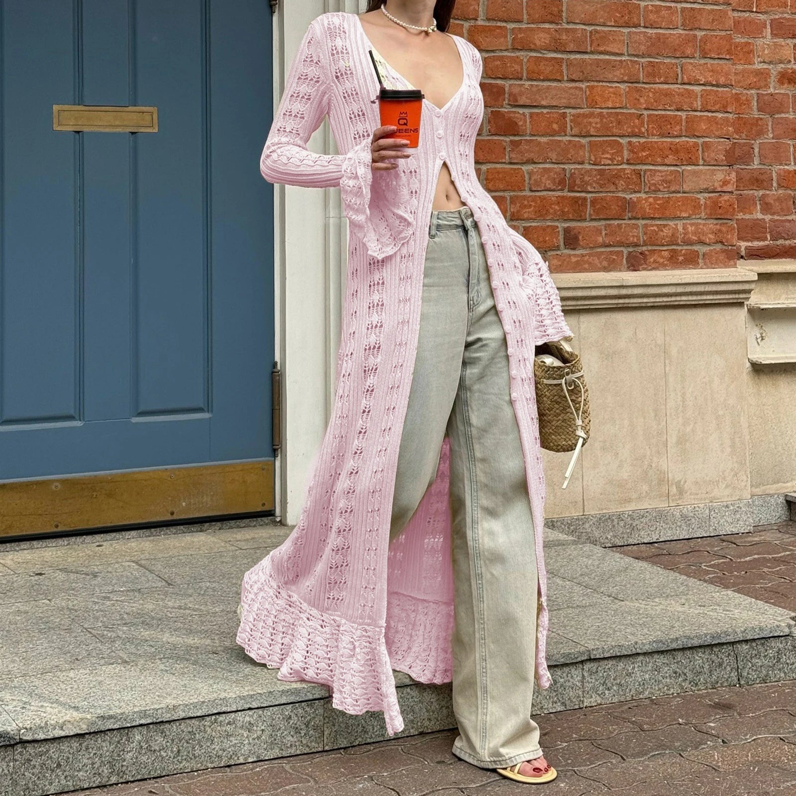 SOERA Lyra Hollow Out Knit Cardigan Dress - Sweaters & Cardigans -  Pink S