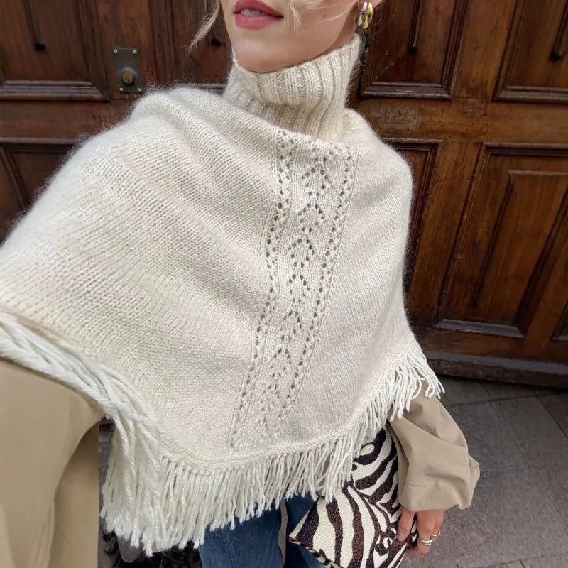 SOERA Emily Tasseled Turtleneck Knit Poncho - Sweaters - SOERA-249091-BEI-S-90115 Beige S