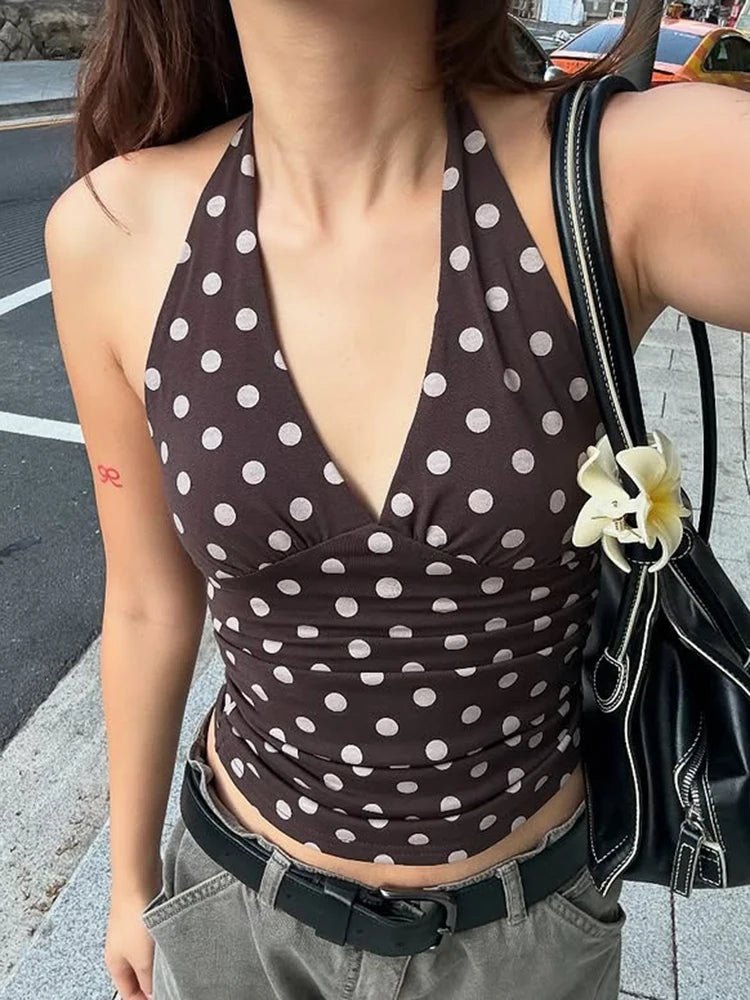 SOERA Hannah Polka Dot Halter Tank Top - Tank Tops - 1005009140850162-;Vx1774621553703096986 Choco Brown S